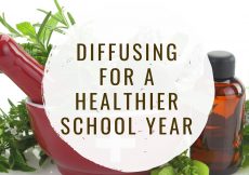 Diffusing for a healthier school year, text overlay on mortar and pestle, herbs, and an essential oil bottle