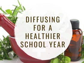 Diffusing for a healthier school year, text overlay on mortar and pestle, herbs, and an essential oil bottle